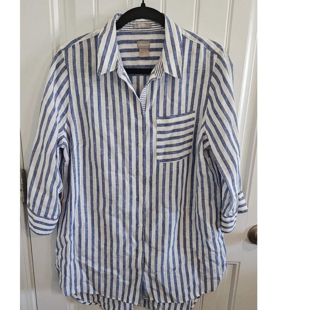 Women Size tag 1.5 US M 8/10 Chico's Blue White Striped Linen Button Down Shirt